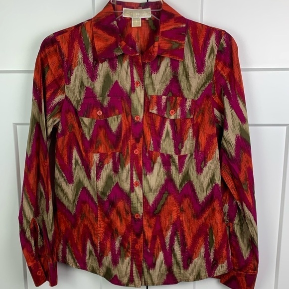 Michael Kors SMALL Southwest Button Front Blouse Long Sleeve Pink Orange - Picture 1 of 5